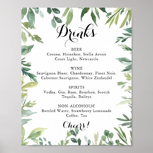 Elegant Tropical Green Wedding Drinks Menu Sign