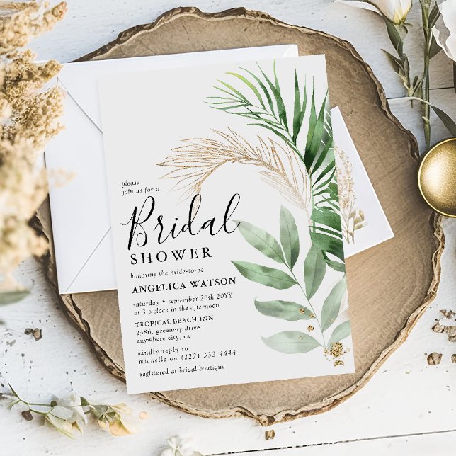 Elegant Tropical Greenery & Gold Bridal Shower Invitation (Creator Uploaded)