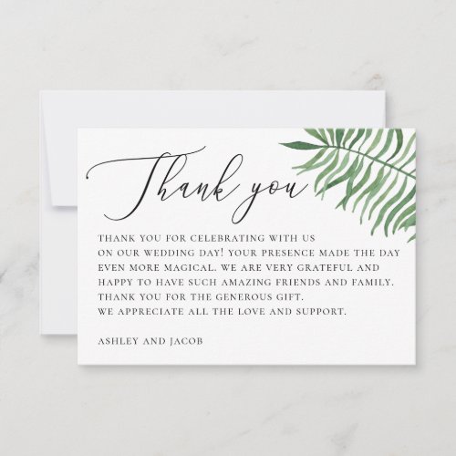 Elegant tropical greenery. Palm leaves wedding Thank You Card