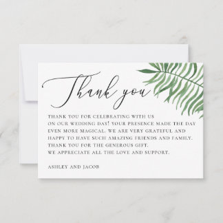 Elegant tropical greenery. Palm leaves wedding Thank You Card