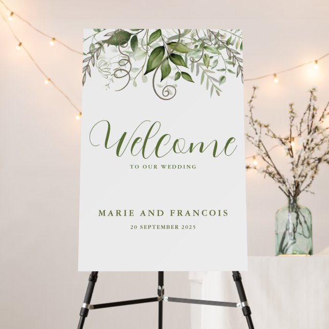 Elegant Tropical Greenery Wedding Welcome Sign (In Situ (Stand))