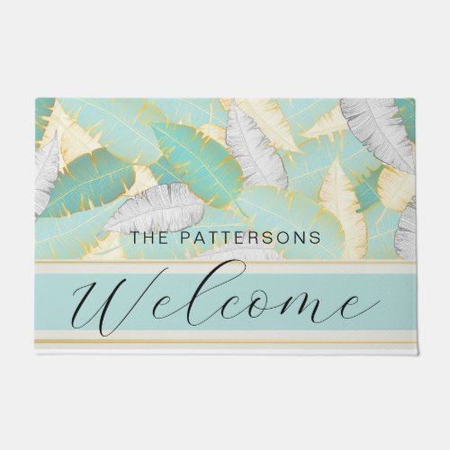 Elegant Tropical Greenery Welcome Family Name Doormat