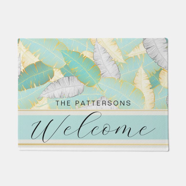 Elegant Tropical Greenery Welcome Family Name Doormat (Front)
