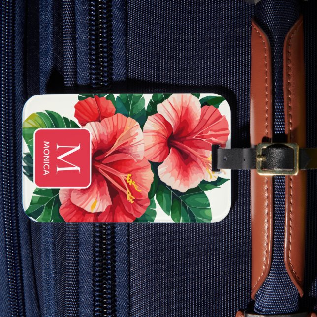 Elegant Tropical Hawaii Hibiscus Red Monogram Luggage Tag (Front Insitu 4)