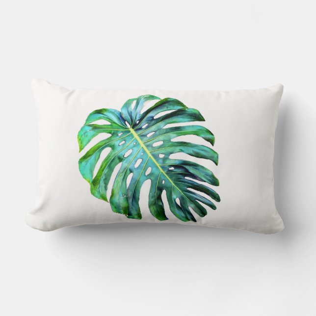 Elegant Tropical Hawaii Monstera Leaf Modern Lumbar Pillow (Front)