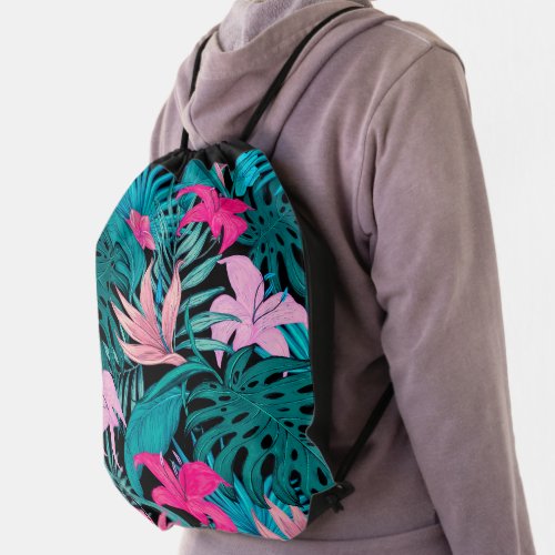 Elegant Tropical Hibiscus Flowers and Leaves  Drawstring Bag