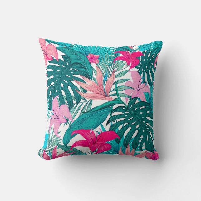 Elegant Tropical Hibiscus Flowers and Leaves | Throw Pillow (Front)