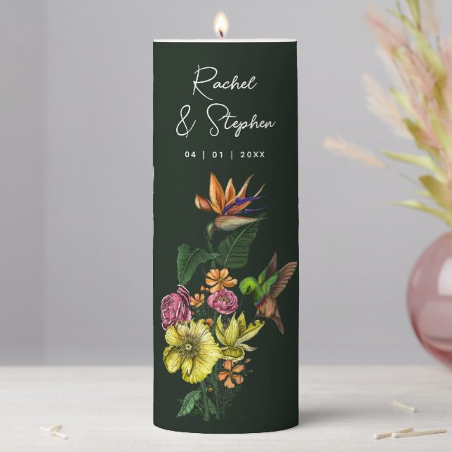 Elegant Tropical Hummingbird Floral Summer Wedding Pillar Candle (In Situ)