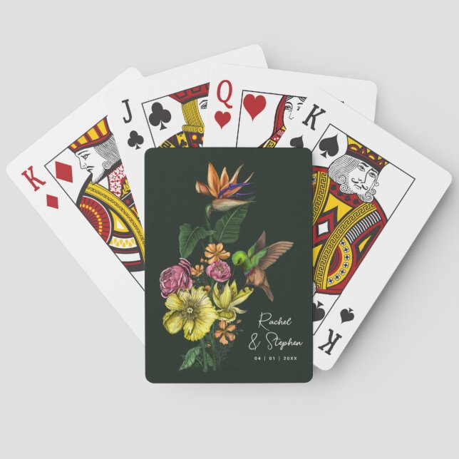 Elegant Tropical Hummingbird Floral Summer Wedding Poker Cards (Back)