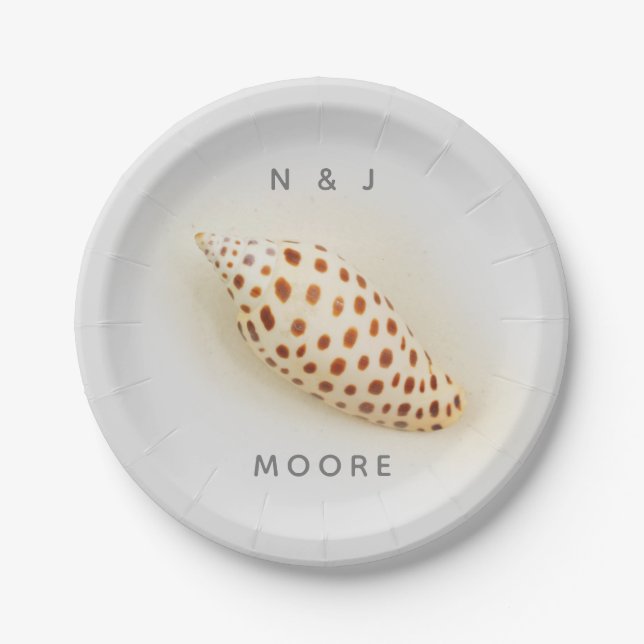 Elegant Tropical Junonia Florida Beach Shell Name Paper Plates (Front)