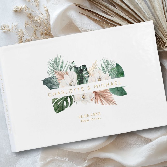 Elegant, tropical, leafy wedding guest book (Personalized, elegant, tropical, leafy wedding guest book with your names and date.)