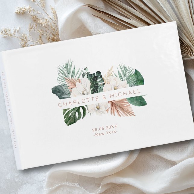 Elegant, tropical, leafy wedding guest book (Personalized, elegant, tropical, leafy wedding guest book with your names and date.)