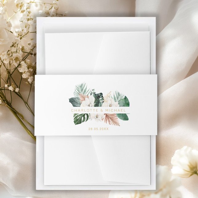 Elegant, tropical, leafy, wedding invitation belly band (Elegant, tropical, leafy, wedding invitation belly band with your name and date.)