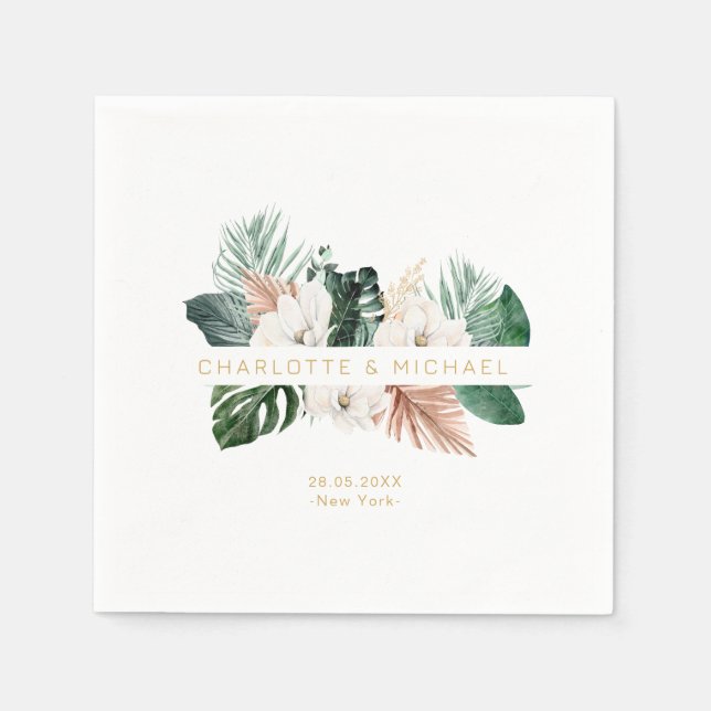 Elegant, tropical, leafy wedding napkins (Front)