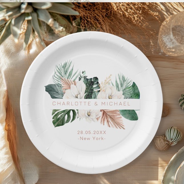 Elegant, tropical, leafy wedding paper plates (Elegant, tropical, leafy wedding paper plates with your name and date.)