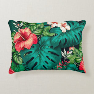 Elegant Tropical Leaves and Hibiscus Flowers Accent Pillow