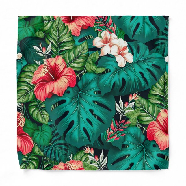 Elegant Tropical Leaves and Hibiscus Flowers | Bandana (Front)