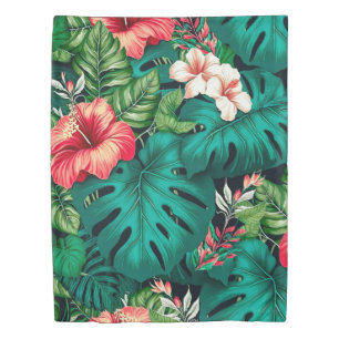 Elegant Tropical Leaves and Hibiscus Flowers   Duvet Cover