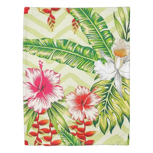 Elegant Tropical Leaves and Hibiscus Flowers  Duvet Cover