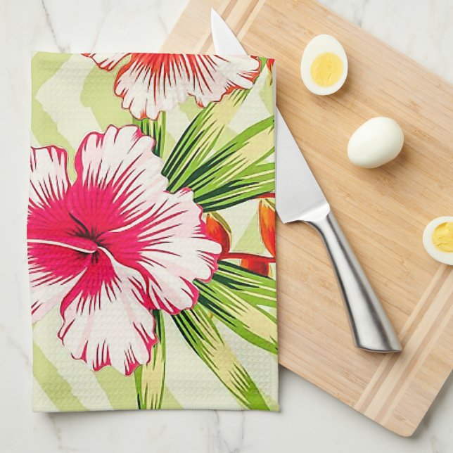 Elegant Tropical Leaves and Hibiscus Flowers | Kitchen Towel (Quarter Fold)