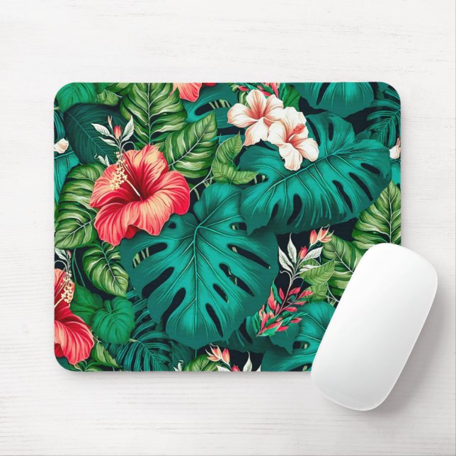 Elegant Tropical Leaves and Hibiscus Flowers | Mouse Pad (With Mouse)