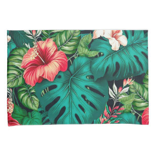 Elegant Tropical Leaves and Hibiscus Flowers   Pillow Case