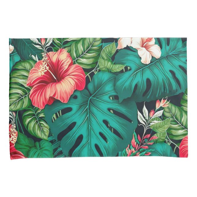 Elegant Tropical Leaves and Hibiscus Flowers | Pillow Case (Front-Right)