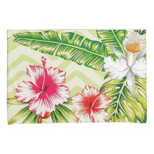 Elegant Tropical Leaves and Hibiscus Flowers   Pillow Case