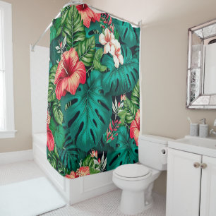 Elegant Tropical Leaves and Hibiscus Flowers Shower Curtain