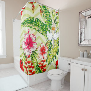 Elegant Tropical Leaves and Hibiscus Flowers Shower Curtain