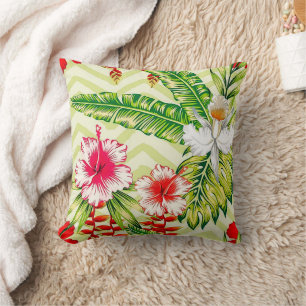 Elegant Tropical Leaves and Hibiscus Flowers   Throw Pillow