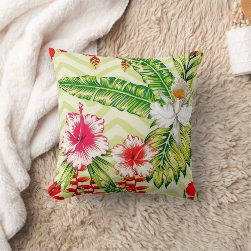 Elegant Tropical Leaves and Hibiscus Flowers  Throw Pillow