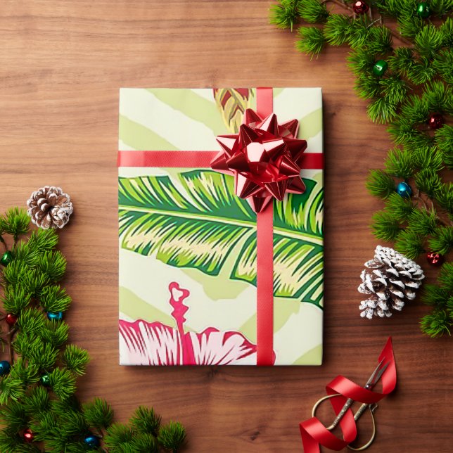 Elegant Tropical Leaves and Hibiscus Flowers | Wrapping Paper (Holiday Gift)