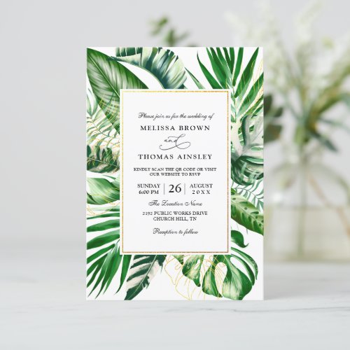 Elegant Tropical Leaves Budget QR Code Wedding Invitation