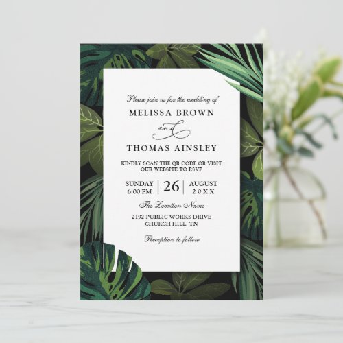 Elegant Tropical Leaves Budget QR Code Wedding Invitation