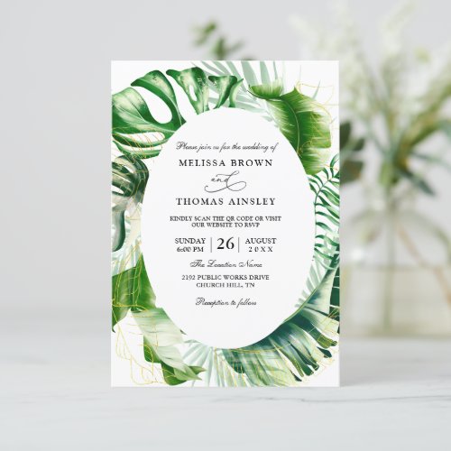 Elegant Tropical Leaves Budget QR Code Wedding Invitation