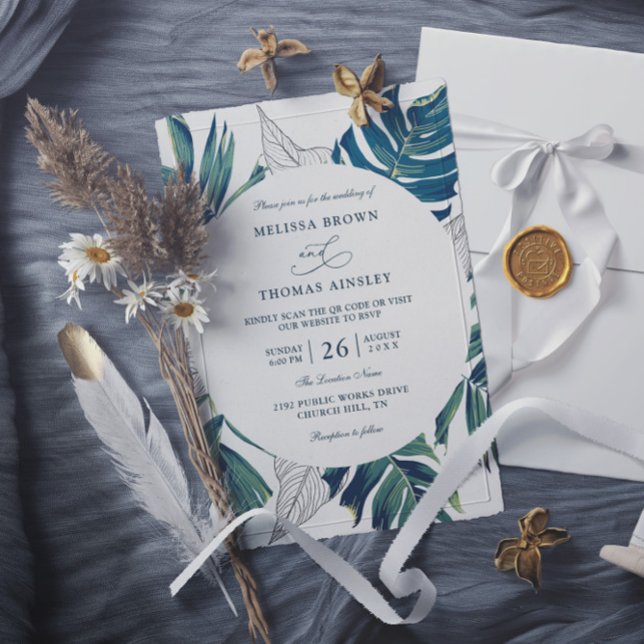 Elegant Tropical Leaves Budget QR Code Wedding Invitation (Creator Uploaded)