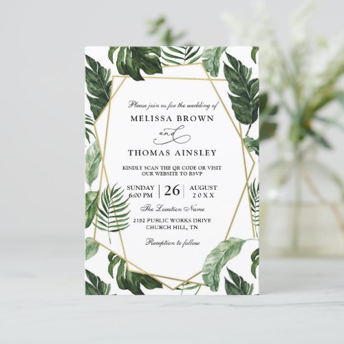 Elegant Tropical Leaves Budget QR Code Wedding Invitation