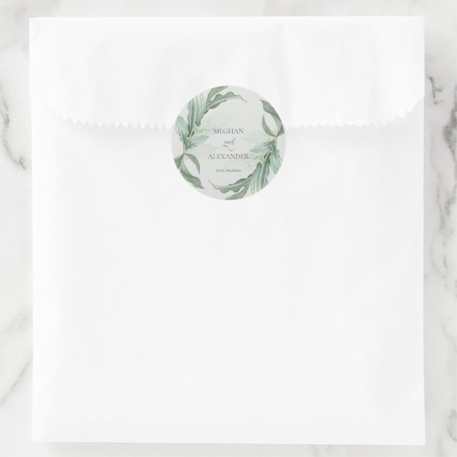Elegant Tropical Leaves Classic Round Sticker (Bag)