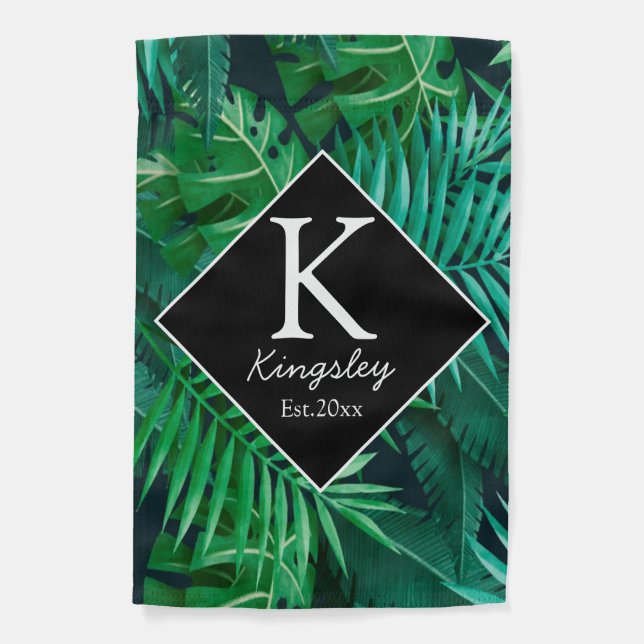 Elegant Tropical Leaves Family Name Beach House  Garden Flag (Front)