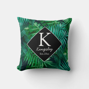 Elegant Tropical Leaves Family Name Beach House Throw Pillow