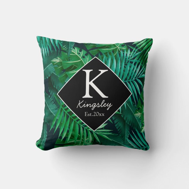 Elegant Tropical Leaves Family Name Beach House Throw Pillow (Front)