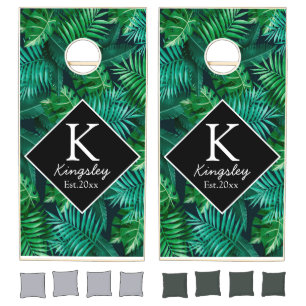 Elegant Tropical Leaves Family Name Cornhole Set