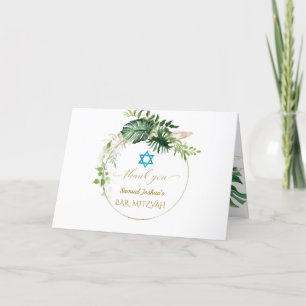 Elegant Tropical Leaves Gold Photo Bar Mitzvah Thank You Card