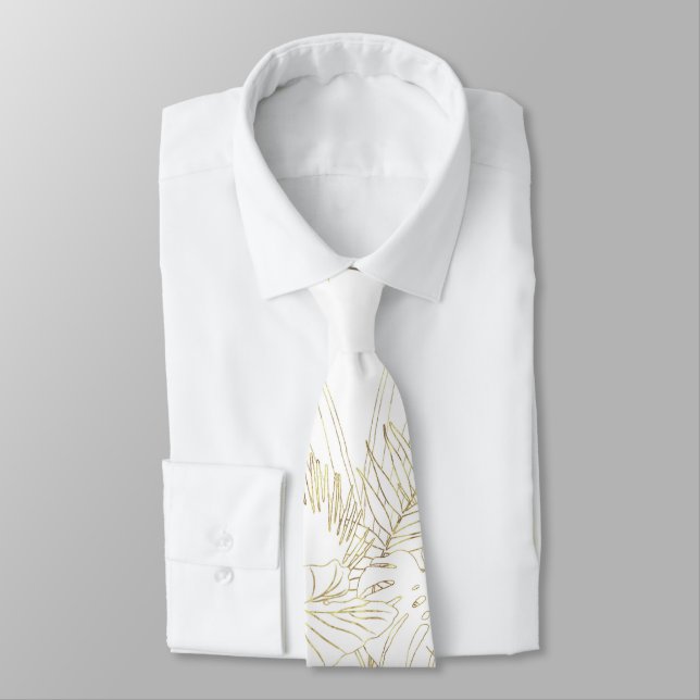 Elegant tropical leaves golden strokes design neck tie (Tied)