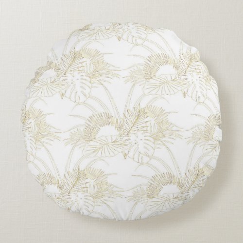 Elegant tropical leaves golden strokes design round pillow