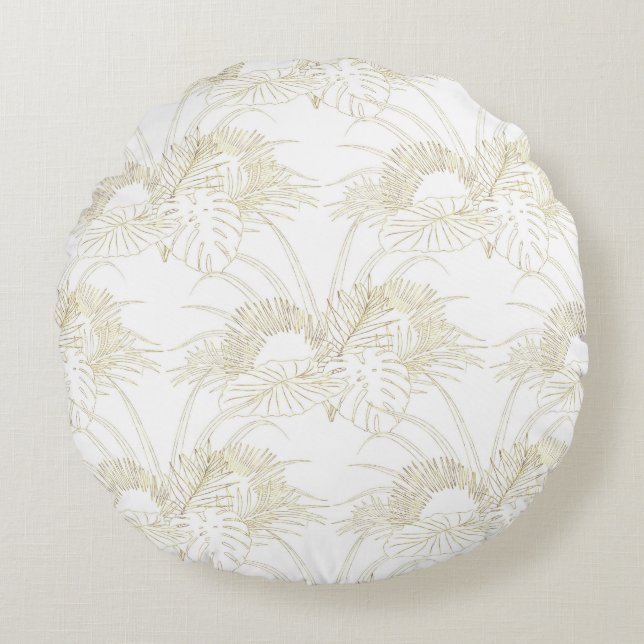 Elegant tropical leaves golden strokes design round pillow (Front)