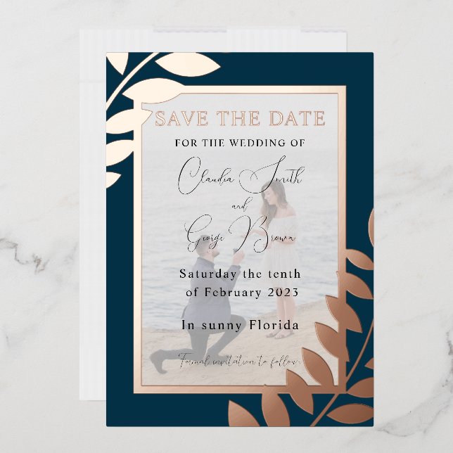 Elegant Tropical Leaves Photo Save The Date Real Foil Invitation (Envelope)