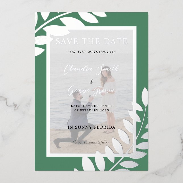 Elegant Tropical Leaves Photo Save The Date Real Foil Invitation (Front)