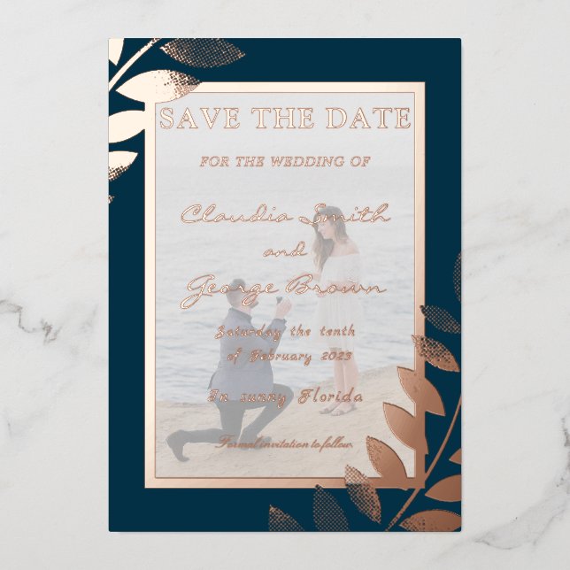 Elegant Tropical Leaves Photo Save The Date Real Foil Invitation (Front)